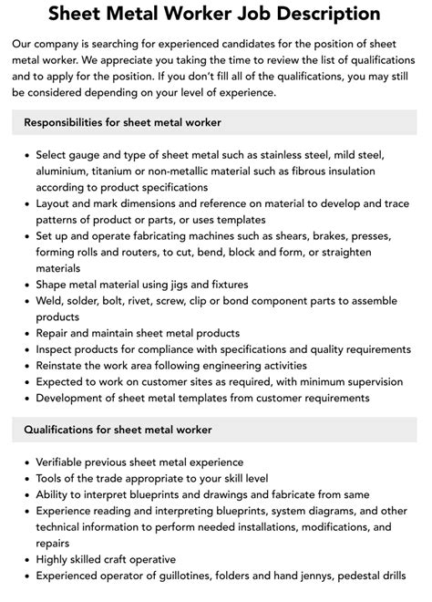 sheet metal worker work|sheet metal worker responsibilities.